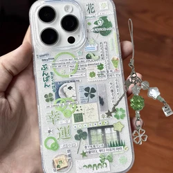 Japanese Green Clover Sparkling Pink Cartoon Lucky Phone Case - Y2K Style Cover - iPhone 15 (With Chain 1)
