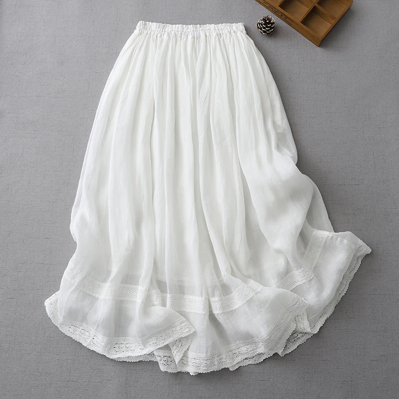 Women's A-Line Midi Skirt Elastic Waist Embroidered Thin Cotton Linen Spring Summer Pure Color Dstring f-length Skirt