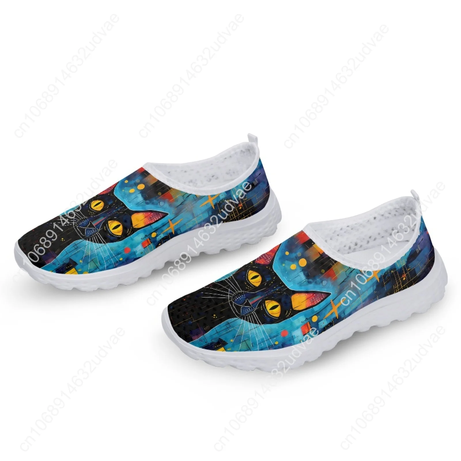 Slip On Shoes For Women Hand Painted Black Cat Designer Summer Mesh Shoes Lightweight Home Loafers Cartoon Cat Shoes
