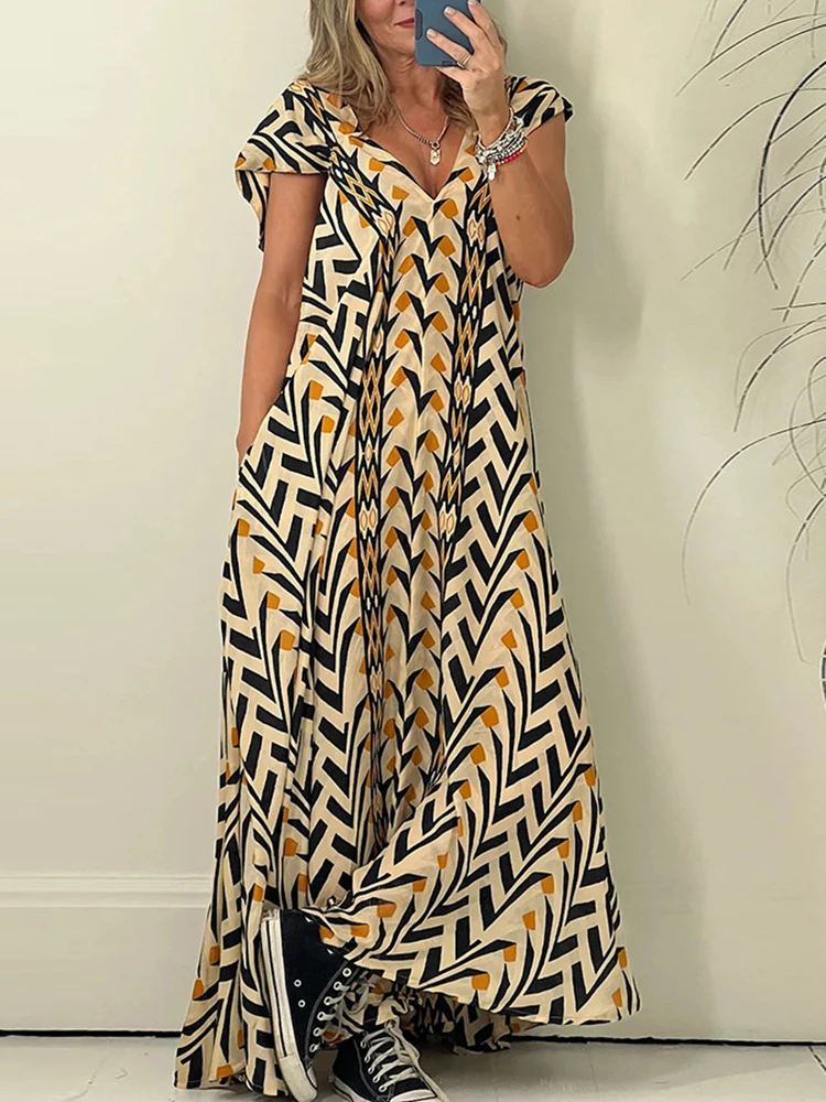 

Женское офисное платье с коротким рукавом, элегантное свободное Повседневное платье с принтом, V-образным вырезом и большими карманами, уличная одежда для лета