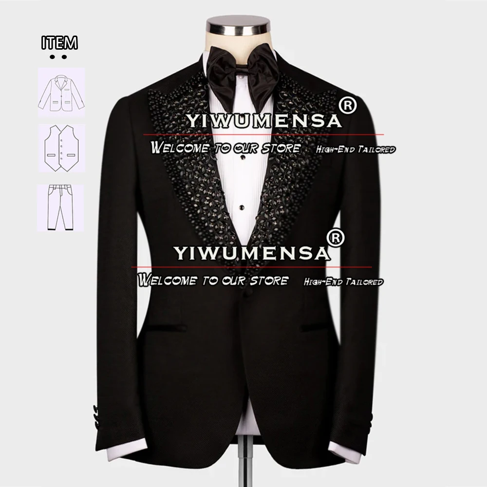 

Male Fashion Wedding Suits Formal Groom's Tuxedo Black Crystals Beaded Notched Lapel Jacket Tailor-Made Banquet Party Clothing