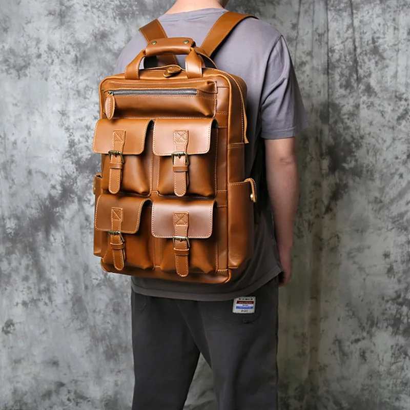NZPJ Retro Genuine Leather Men's Backpack Large Capacity Natural Leather Travel Bag Crazy Horse Leather Computer Bag Box Bag