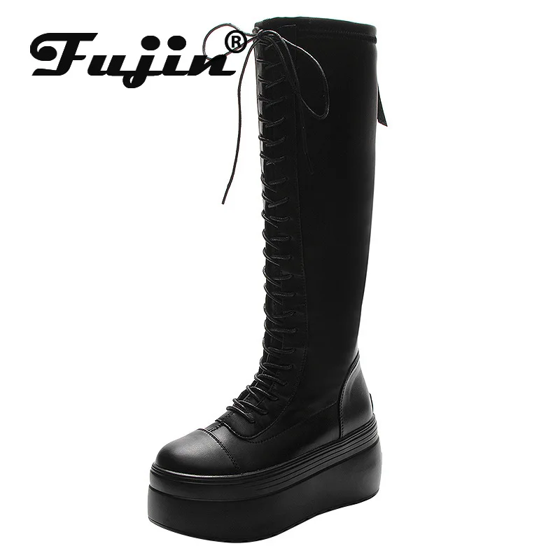 

Fujin 8cm Microfiber Leather Women Platform Hidden Heel Booties Wedge Fashion Autumn Spring Thick Soled Knee High Boots Shoes