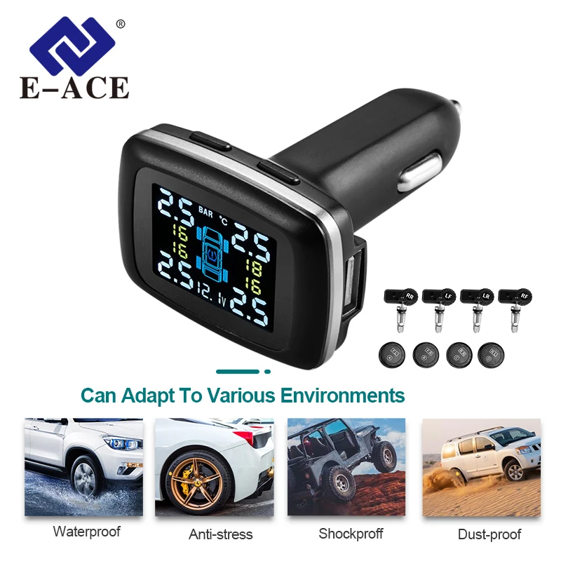 E-ACE Tyre Sensor Pressure USB Solar Digital Tire Pressure Monitor System Multifunctional Vehicles TMPS USB Port Security Alarm