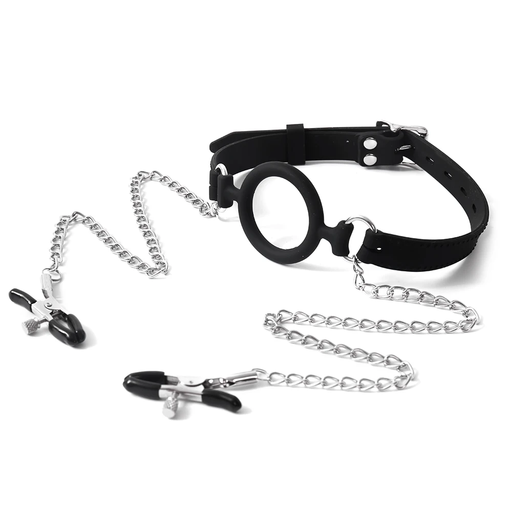 Silikon-Knebel mit offenem Mund und O-Ring, inklusive Nippelklemmen, BDSM-Bondage-Gurtzeug und Verriegelungsgürtel, erotische Accessoires von Sexyshop_voghion.com