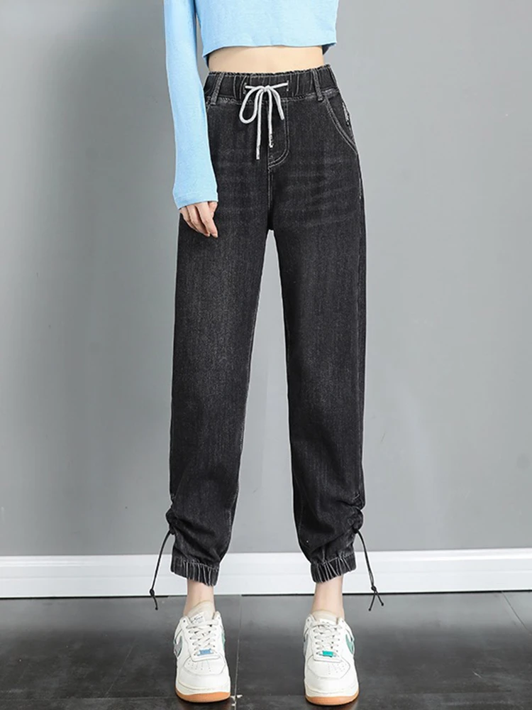 Streetwear High Waist Jogger Harem Jeans Women Casual Vintage Denim Sweatpants Korean Ankle-length Vaqueros Drawstring Pants