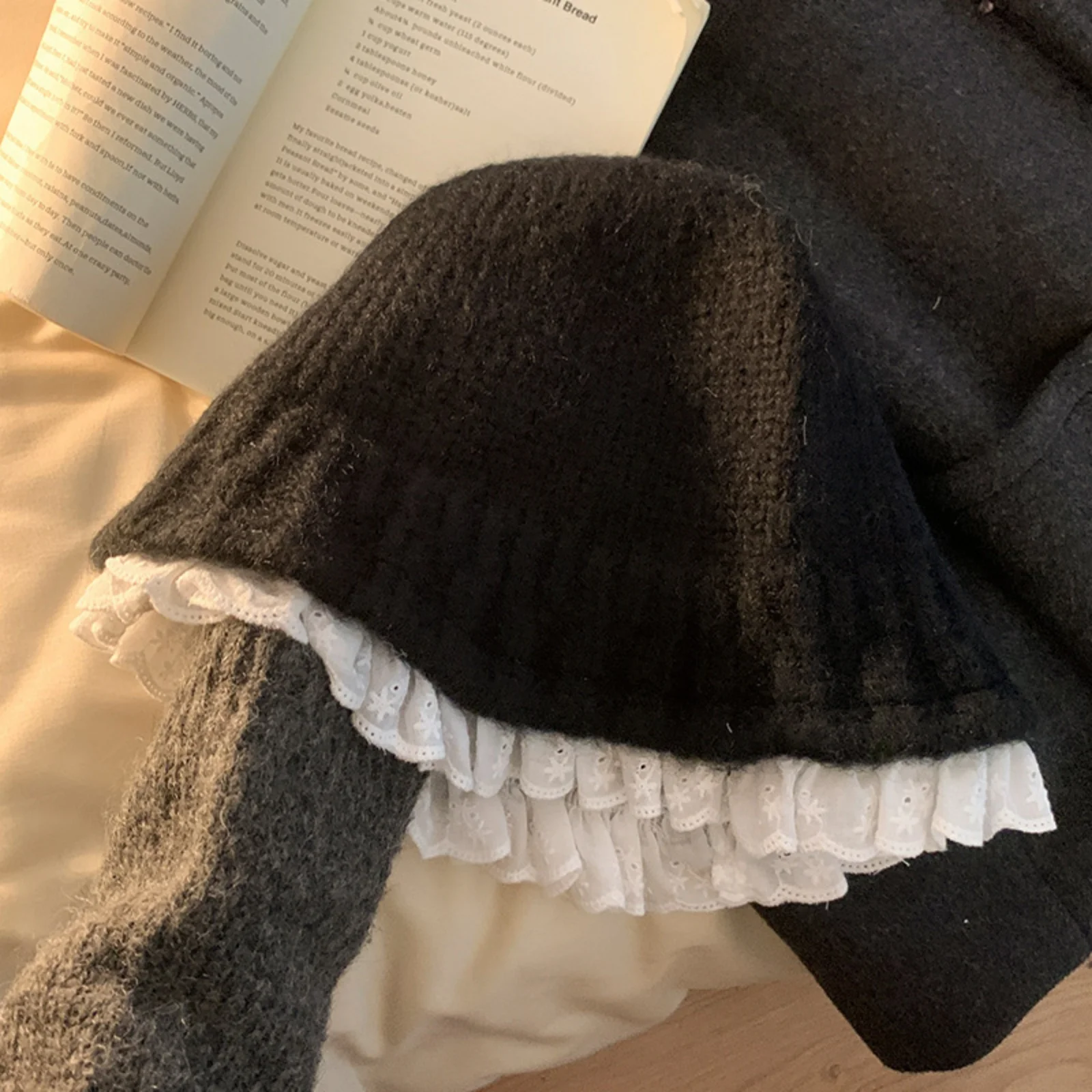 1PC Knitted Fisherman Hats, Lace Trim Korean Lazy Style Winter Warm Bucket Hats, Face - Slimming Versatile Woolen Caps For Women