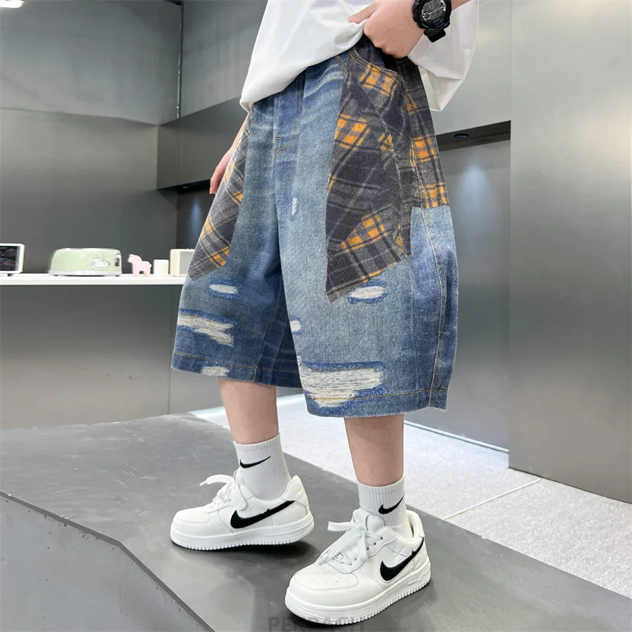 키즈 여름 3D 격자 무늬 프린트 데님 반바지 십대 소년 캐주얼 미드 커프 청바지 어린이 패션 스트리트 하의 짧은 바지 5-14세