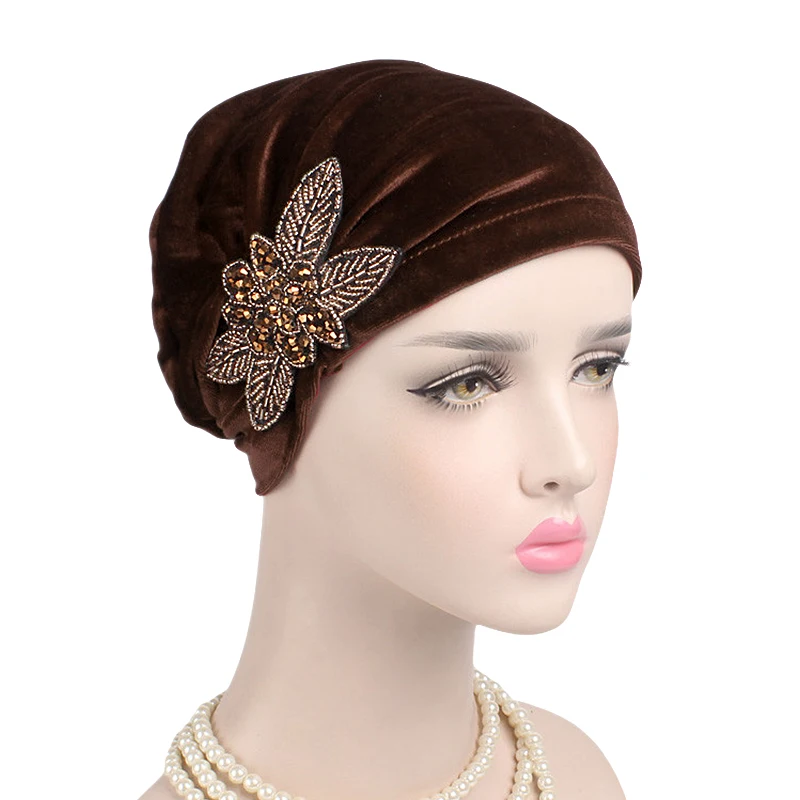 New Women's Elegant Velvet turban beanie with beaded flower Hat Bonnet Cancer Chemo CapMuslim Under Hijab Cap Ladies Bandanas 5