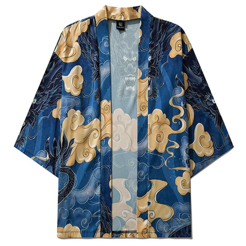 Casual Blue Haori Cartoon Dragon Print Chinese Style Shirts Coat Women Men Yukata Cardigan Kimono Summer Japanese Traditional