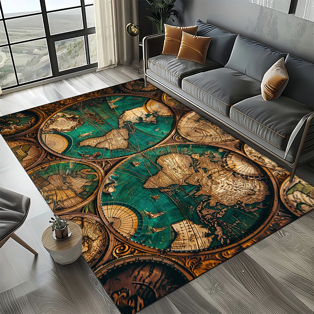 Nautical Map Rug – Retro Marine Compass Carpet | Non Slip Floor Mat for Living Room