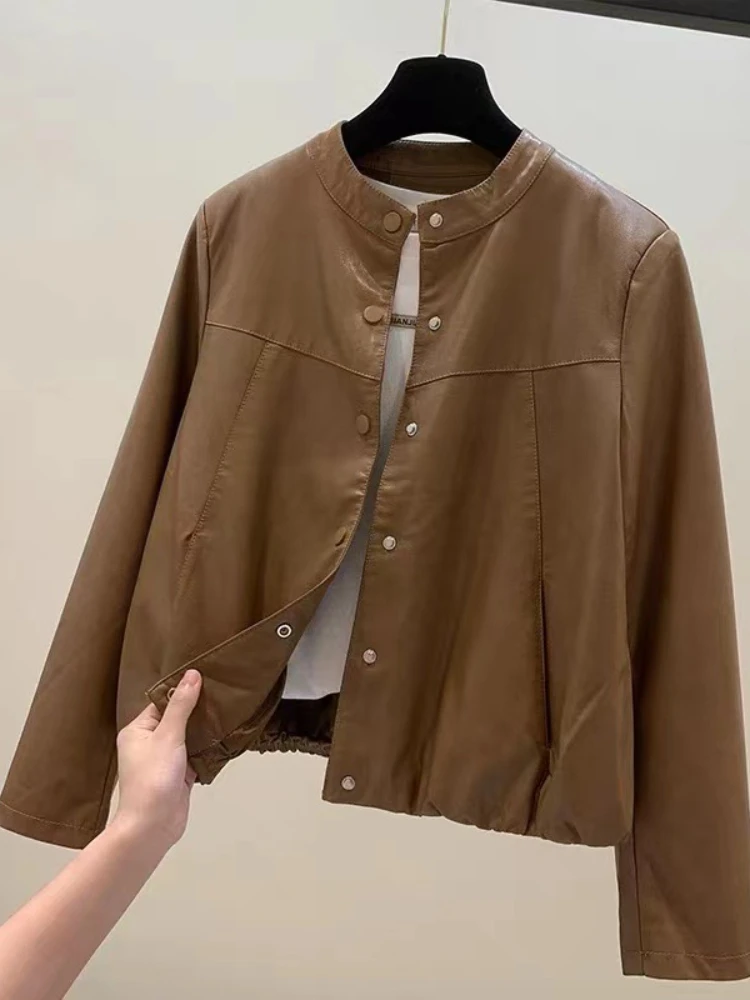 

FMFSSOM New Casual Spring Autumn Solid Slim Full Lady Jacket Coat Button O Neck Single Breasted Women Pu Leather Jackets