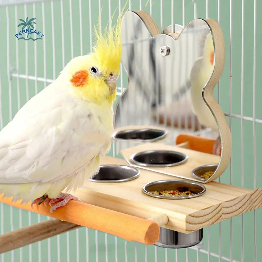 Wood Parrots Mirror with Feeder Cups Removable Hanging Bird Feeding Cups Clamp Bird Mirror Food Bowl Parrot stand Self-happy