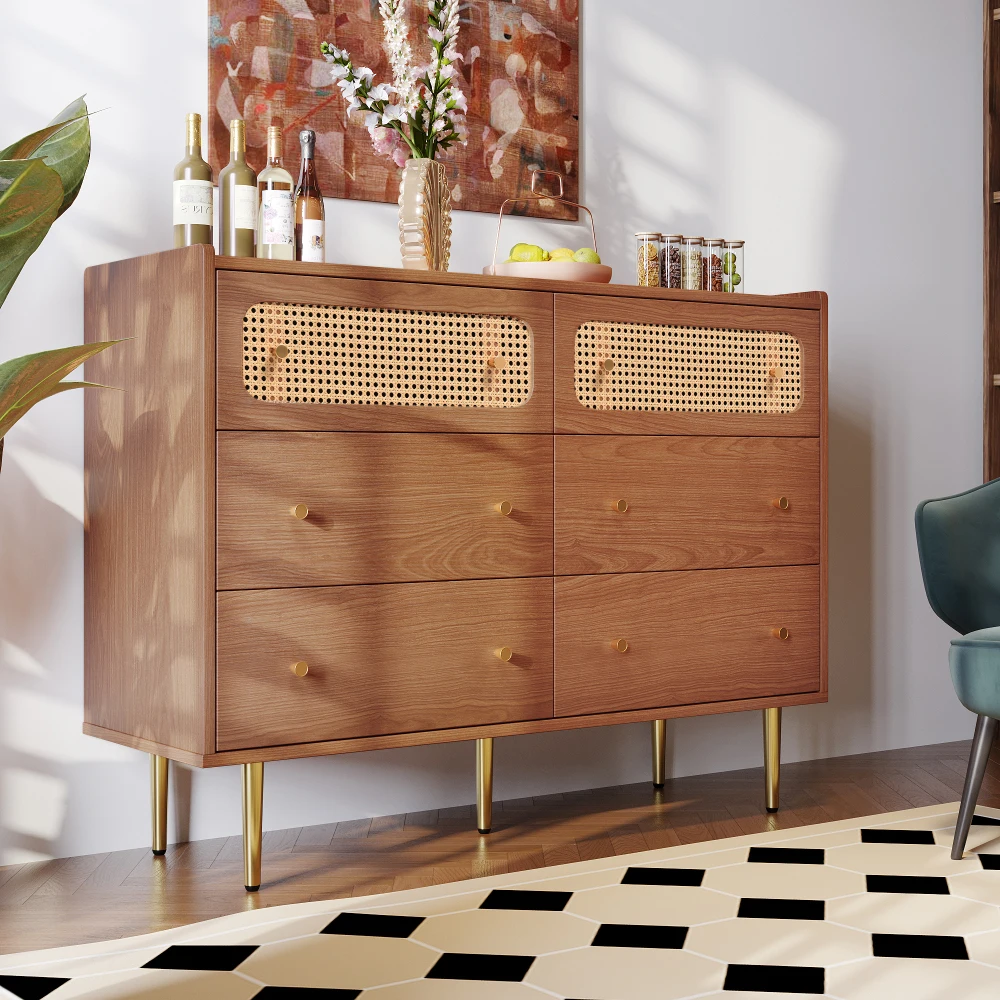 PINGGO 6-Schubladen Rattan-Kommode Walnuss Highboard für Schlafzimmer Wohnzimmer 120x40x90cm Aufbewahrungssideboard – Detail 5