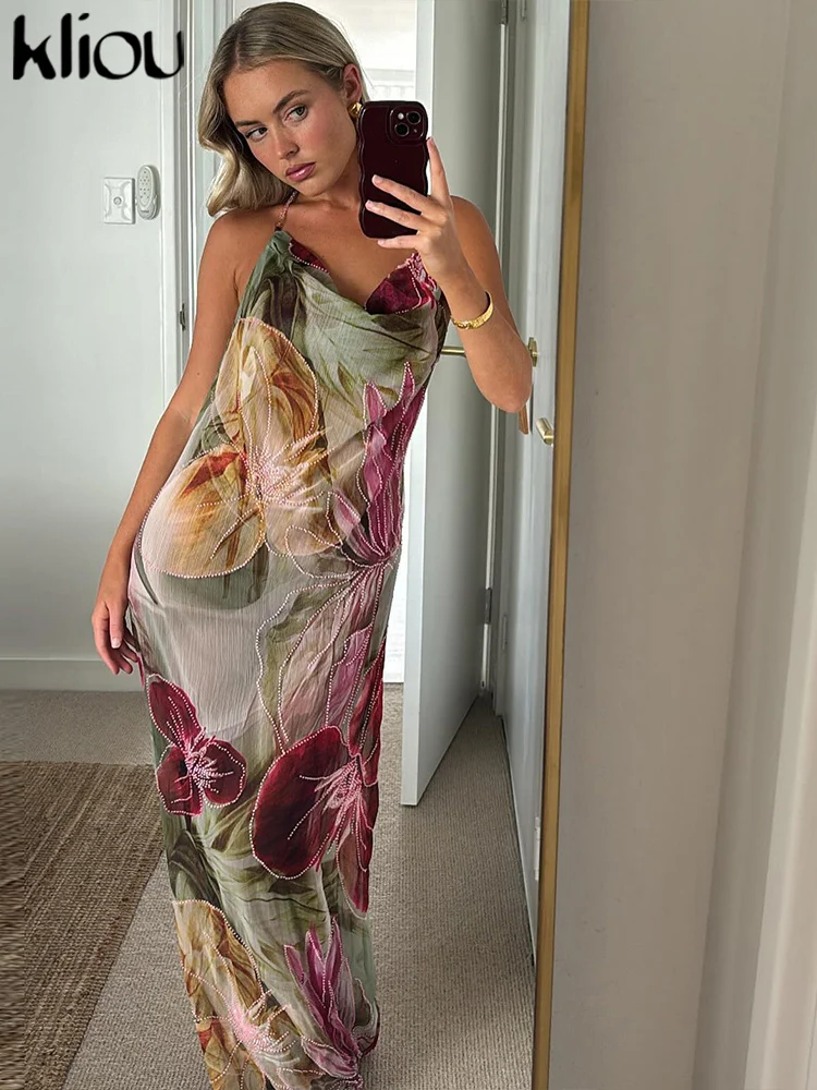 kliou Floral Print Women Dress Vacation Beach Style Suspendency Backless Halter Split Thin Vestidos Female Trend Attractive Wear 5