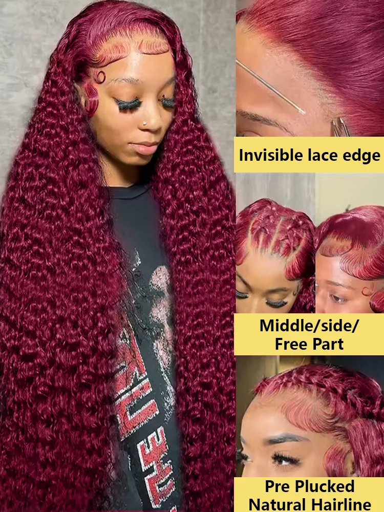 30 40 Inch 99J Burgundy 13X6 Hd Curly Lace Frontal Human Hair Wig Red Colored 13X4 Transparent Lace Deep Wave Frontal Wig