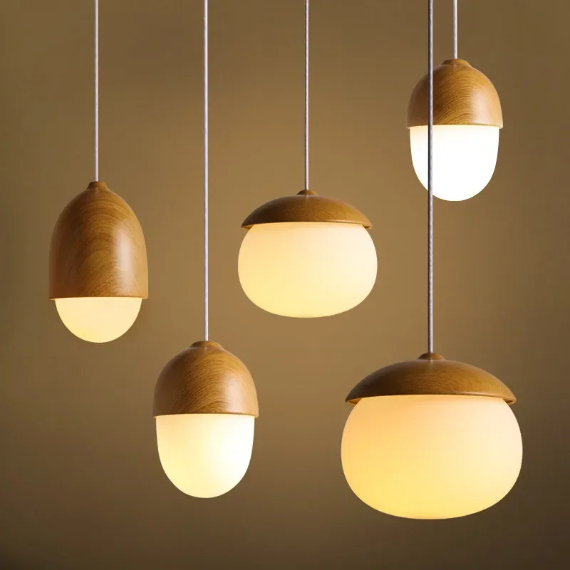 Nordic Wooden E27 Pendant Light For Restaurant Bedroom Aisle Study Nut Chandelier Indoor Decor Hanging Lamp For Ceiling Luster