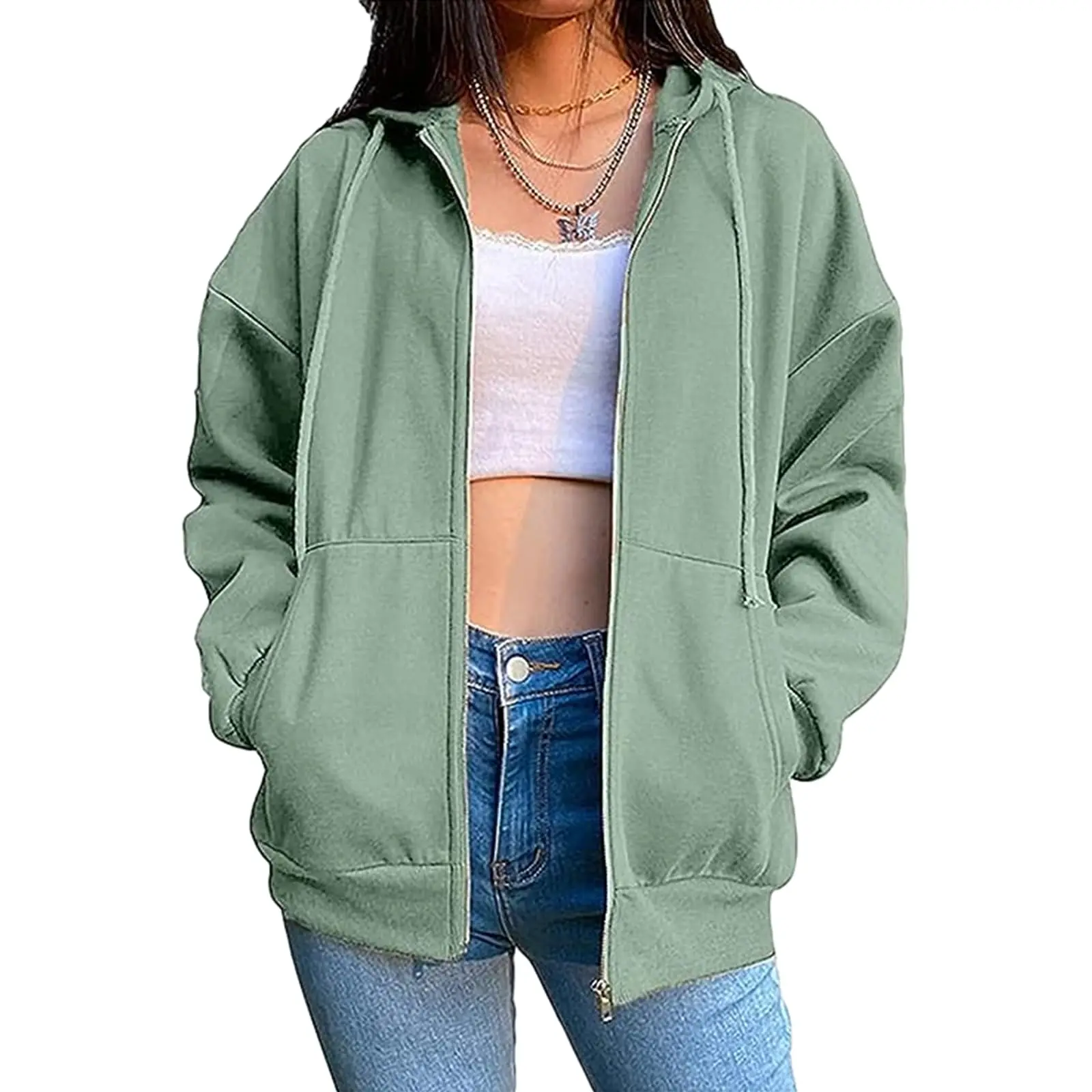 

DZ-DZ Women Y2K Full Zip Up Hoodie Casual Long Sleeve Drawstring Drop Shoulder Solid Hooded Sweatshirt Jacket with Pockets