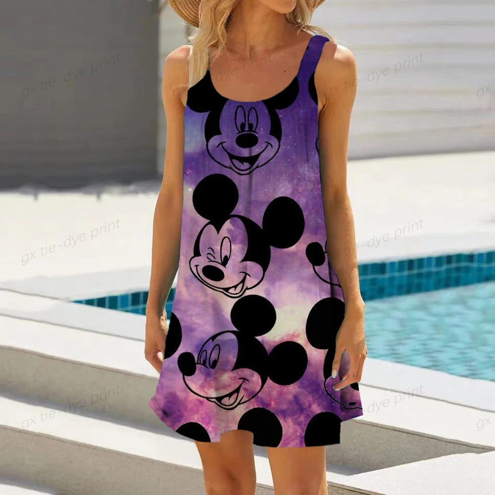 

Summer Women Dress Fashion Slim Loose Dress Sexy O-Neck Sleeveless Disney Mickey Mouse Printing Sling Dress Elegant Women Dress