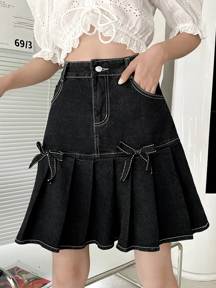 maxi skirt Denim Skirt A-Line Skirt Female Summer New Design Bow High Waist Thin Pleated Skirt Hot Girl Short Skirt black midi skirt Skirts