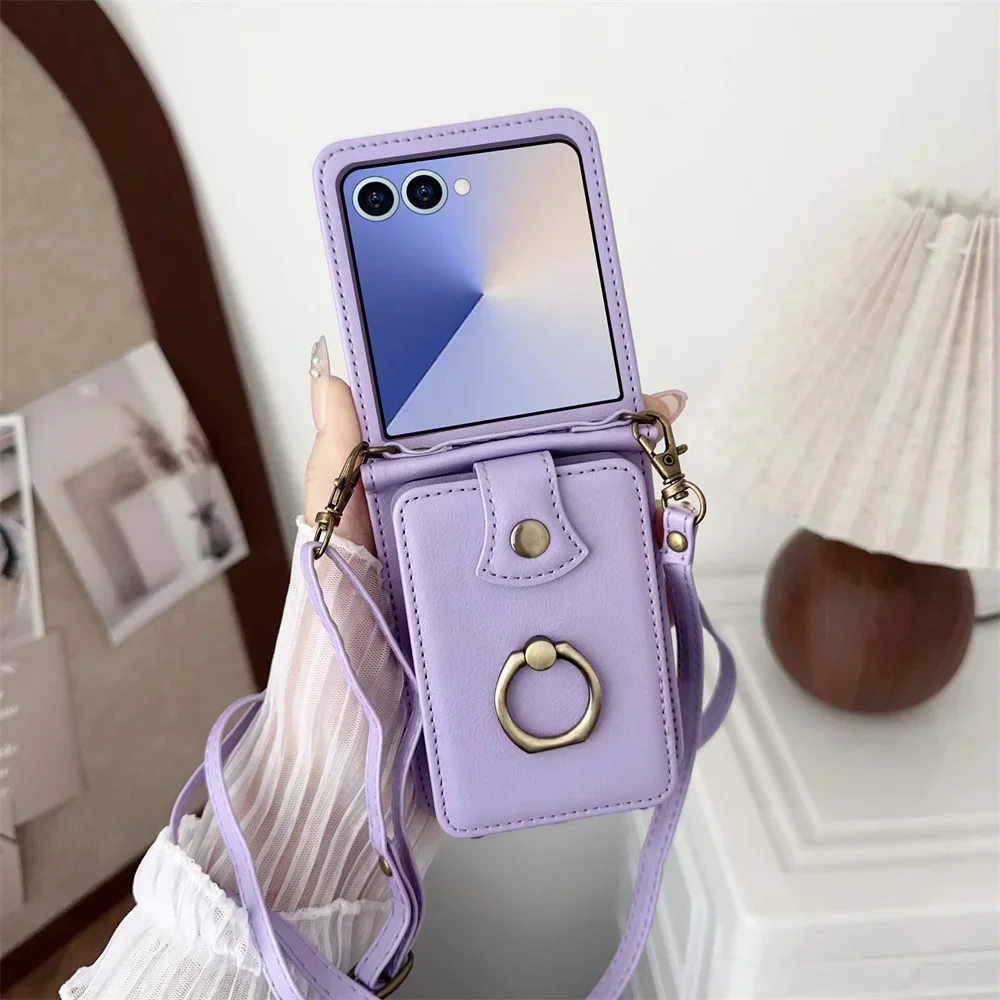 Leather Wallet Phone Case with Ring Card Holder and Crossbody Strap - Premium Protective Cover