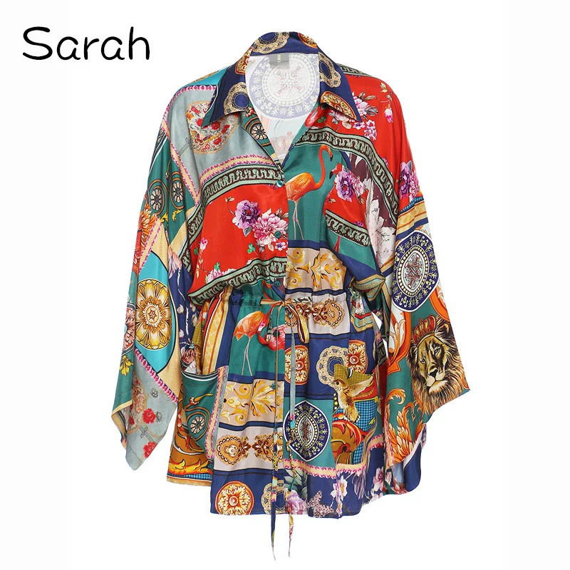 

Sarah 2023 Printed Drawstring Vintage Lapel Loose Shirt Dress Woman