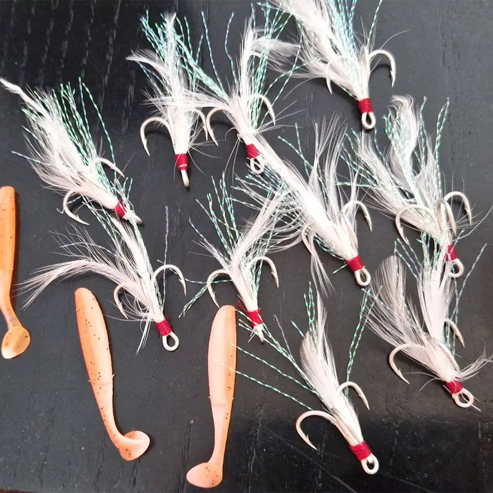 10PCS Colorful Feathers Treble Hook 4# 6# 8# 10# 12# 14# Fishing