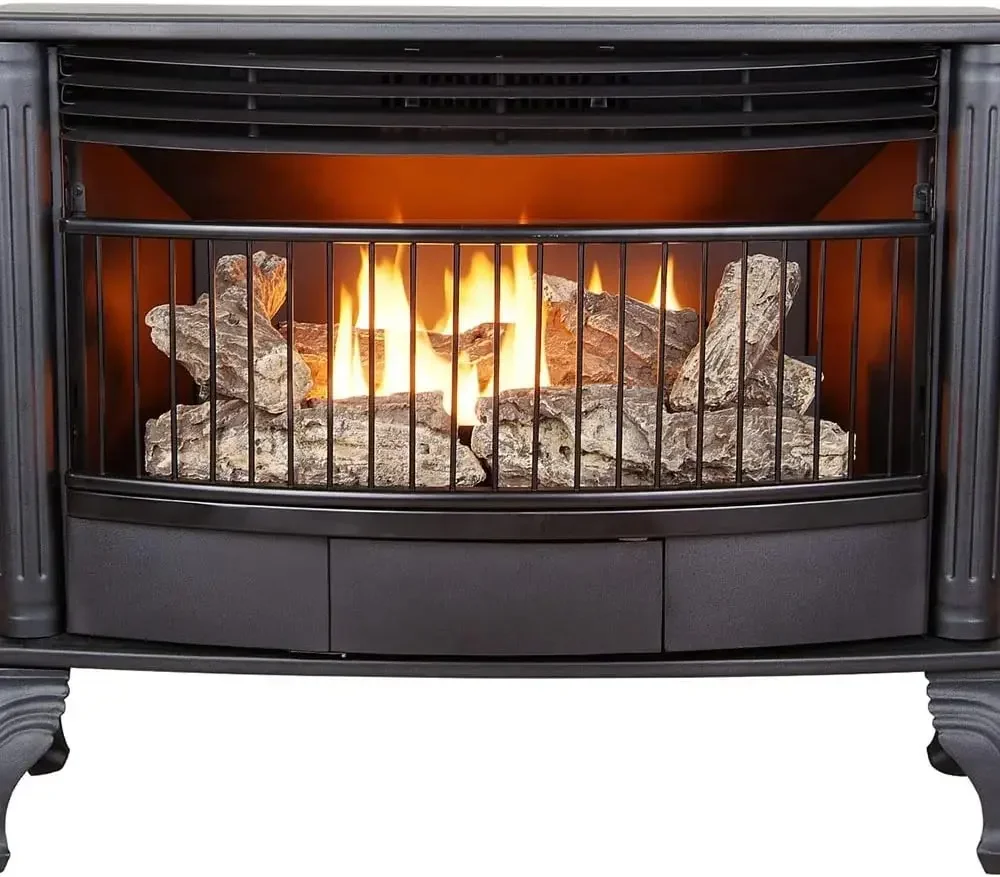 Ventless 25000 BTU Space Saving Free Standing Dual Fuel Fireplace with Built In Thermostat Control Heats up to 1100 Square Feet