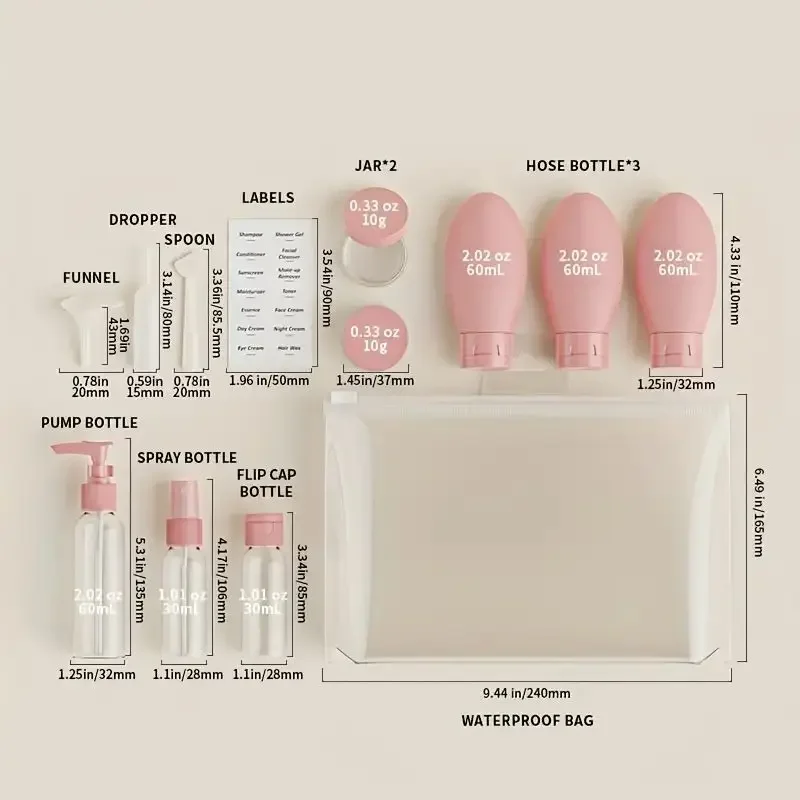 Travel Bottles Set 11pcs Travel Bottles Set With Storage Bag Travel Size Empty Liquid Cream Lotion Containers Fine Mist Spray Bottle Squeeze Tubes