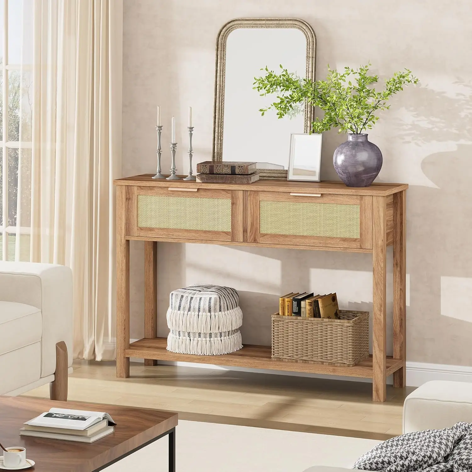 2-Tier Boho Rattan Wooden Entrance Console Table 2 Drawers 2 Shelves Narrow Sofa Table for Living Room Hallway Entrance
