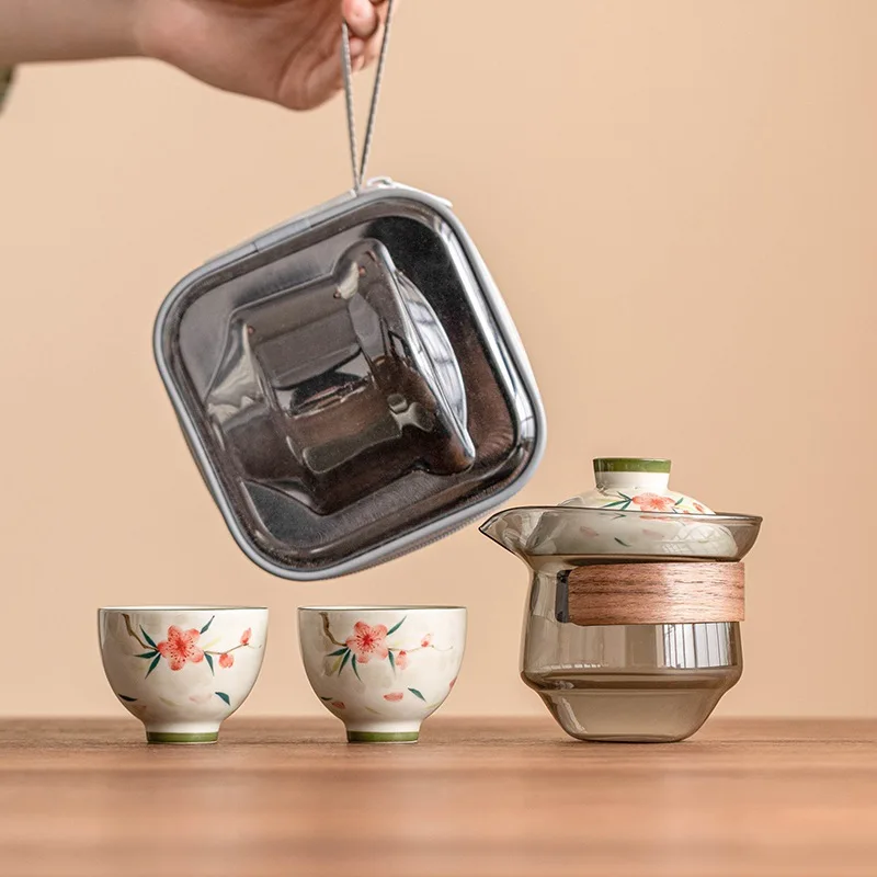 matcha set kitmatcha set kitHand Drawn Peach Blossom Travel Tea Set Kit Handmade Tea Tools Set of Cups 1 Pot 3 Cups Maki