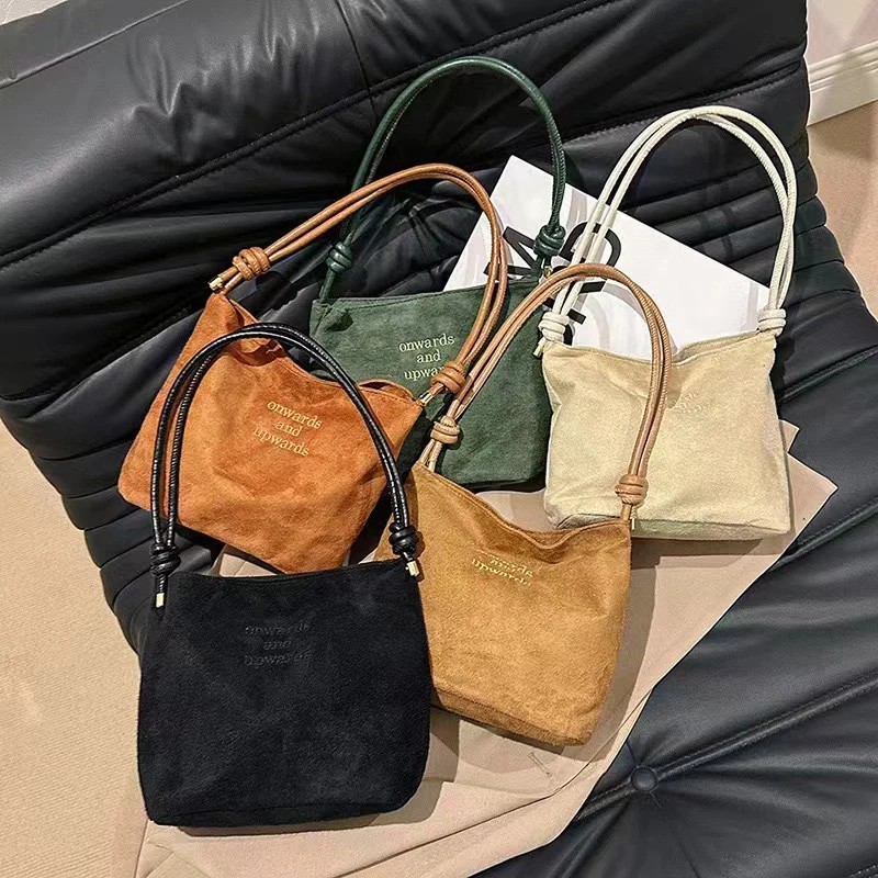 Suede Handbag Casual Rope Buckle Design Multicolor Shoulder Bag Adjustable Straps Tote Work Crossbody Bucket Bag