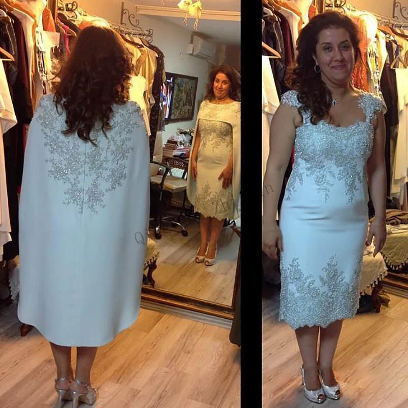

N65 Fashion Silver Mother Of The Bride Groom Dresses Short Women Formal Wedding Party Prom Gowns with Cape Free Shipping