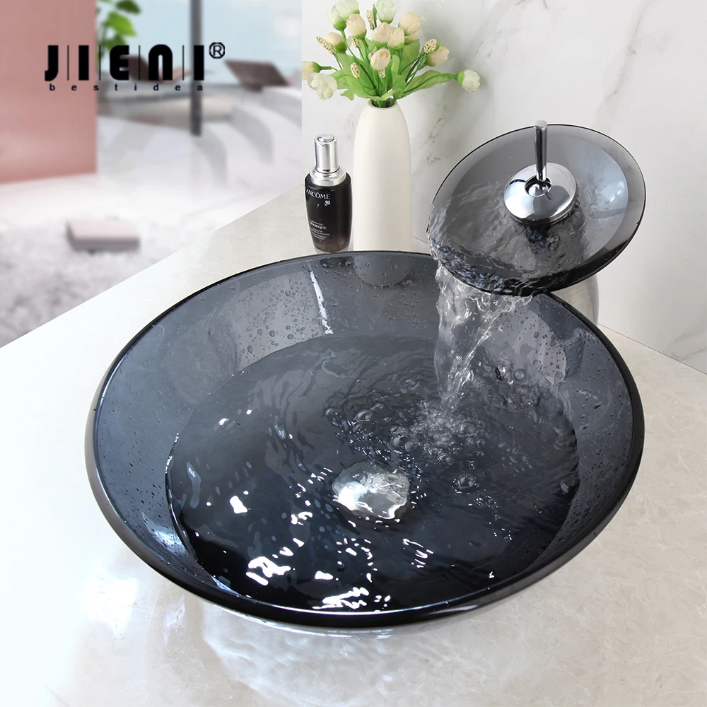 

JIENI Grey Bathroom Tansparent Artistic Glass Vessel Sink Mixer Faucet & Pop Drain Combo Artistic Glass Vessel Vanity Sink Set