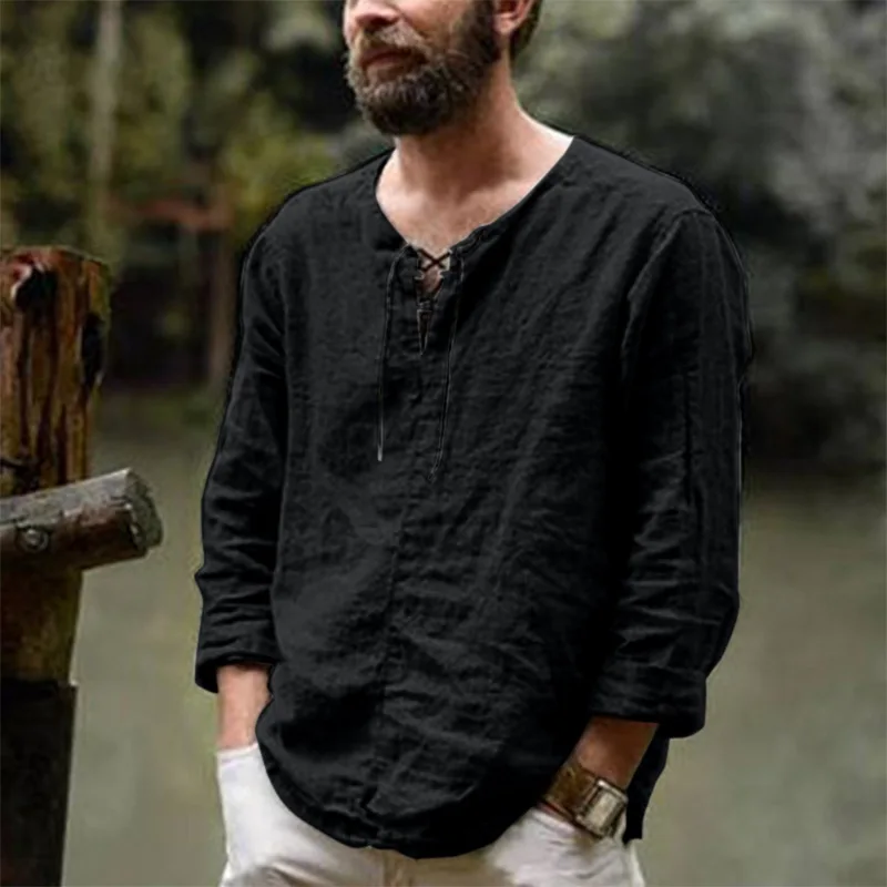 Men Cotton Linen Drawstring V Neck Long Sleeves Solid Color Casual Cool Tops Vikings Costume M-6XL cotton shirt long sleeve shirt
