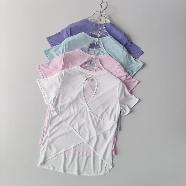 Vêtements de Yoga pour femmes, chemisier à manches courtes, croix creuse, maille fine, beau dos, chemises extérieures, Slim, Fitness, haut de sport 1