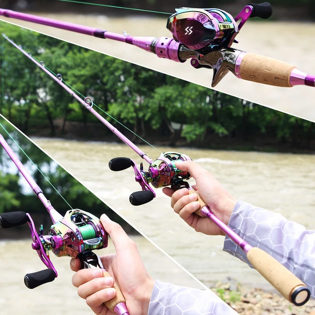 Sougayilang 2.1m Pink Casting Fishing Rod and Reel Combo High Speed  Ultralight Baitcasting Reel Carbon