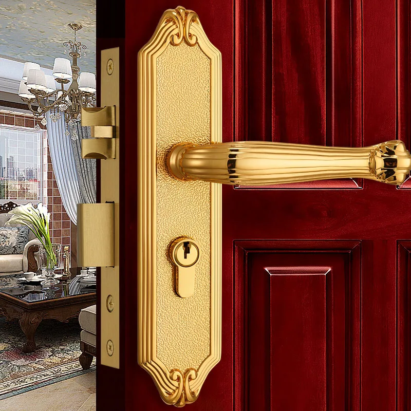 

Modern Golden Wood Door Handle Locks Solid Brass Door Lock Rose Golden Bedroom Bookroom Lockset Villa Front Door Locksets
