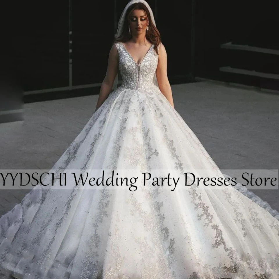 

Wedding Dresses 2023 Luxury Bridal Gown Embroidery V-Neck Lace Ball Gown Appliques Custom Made Sleeves Sweep Train Ball Gown