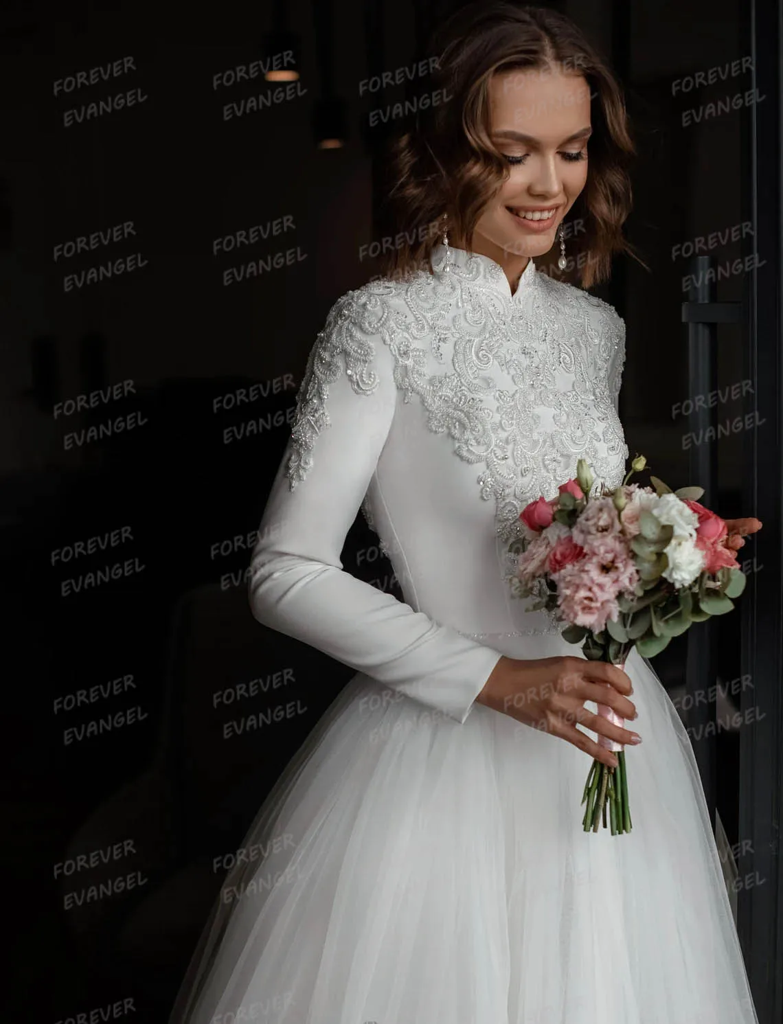 Formal Muslim Wedding Dresses Woman's A Line High Neck Sexy Appliques Long Sleeve Bride Gowns Party Vestidos De Novia Customized 2