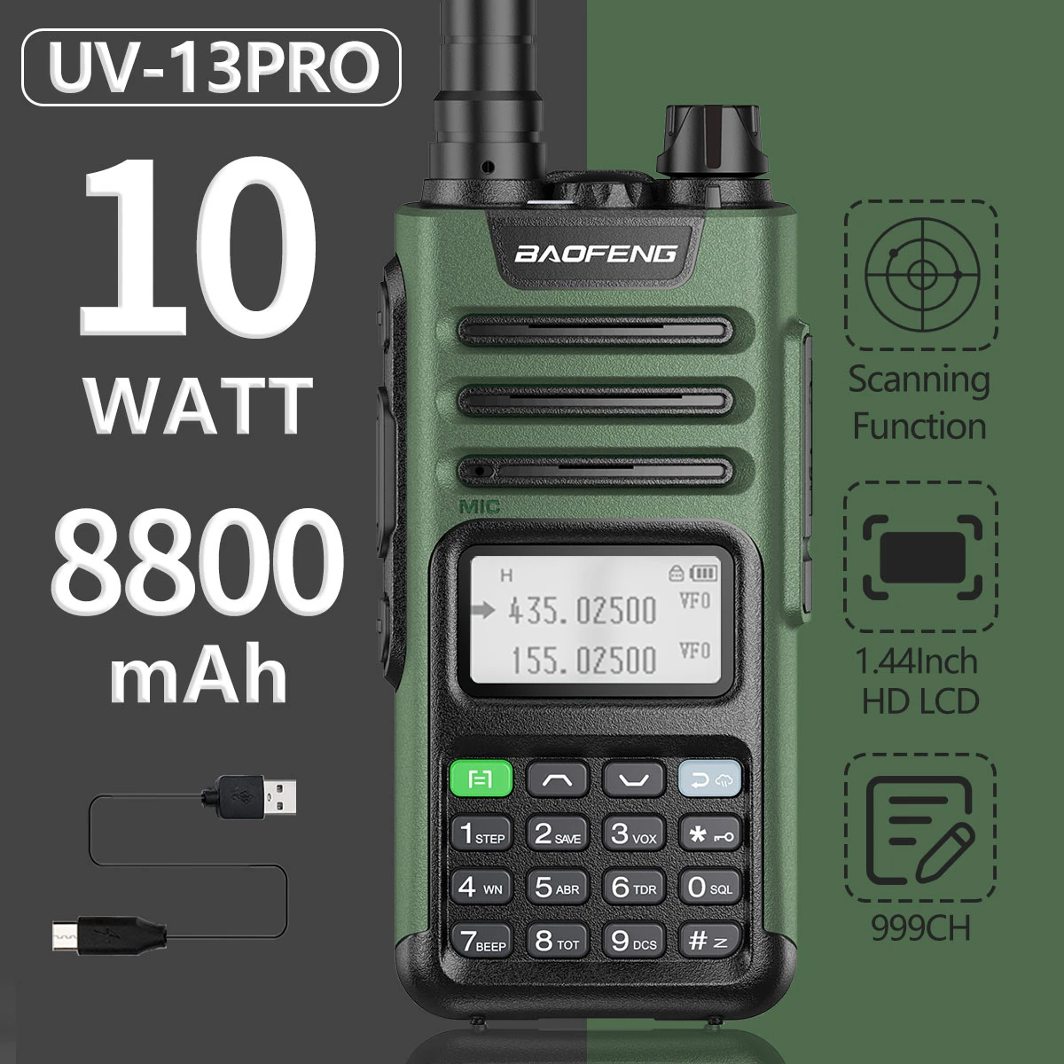 Baofeng Uv13 Pro V2 10w Powerful Walkie Talkie 999 Ch Station With Usb Charger 50km Long Range