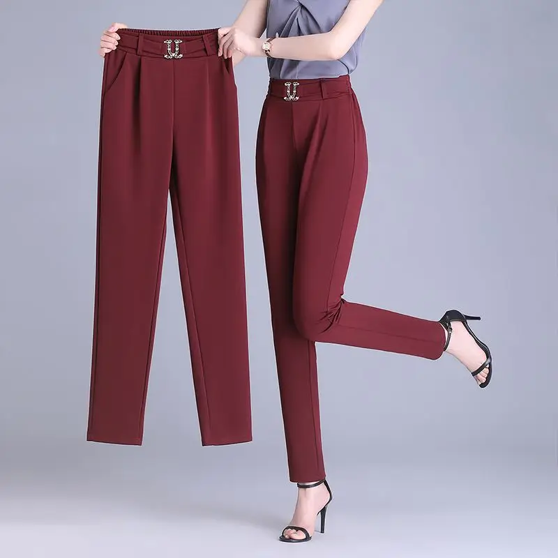 Simplicity Casual Summer Suit Pants Women New Solid Diamonds Pockets Fashion Loose Elastic High Waist Bound Feet Pencil Trousers
