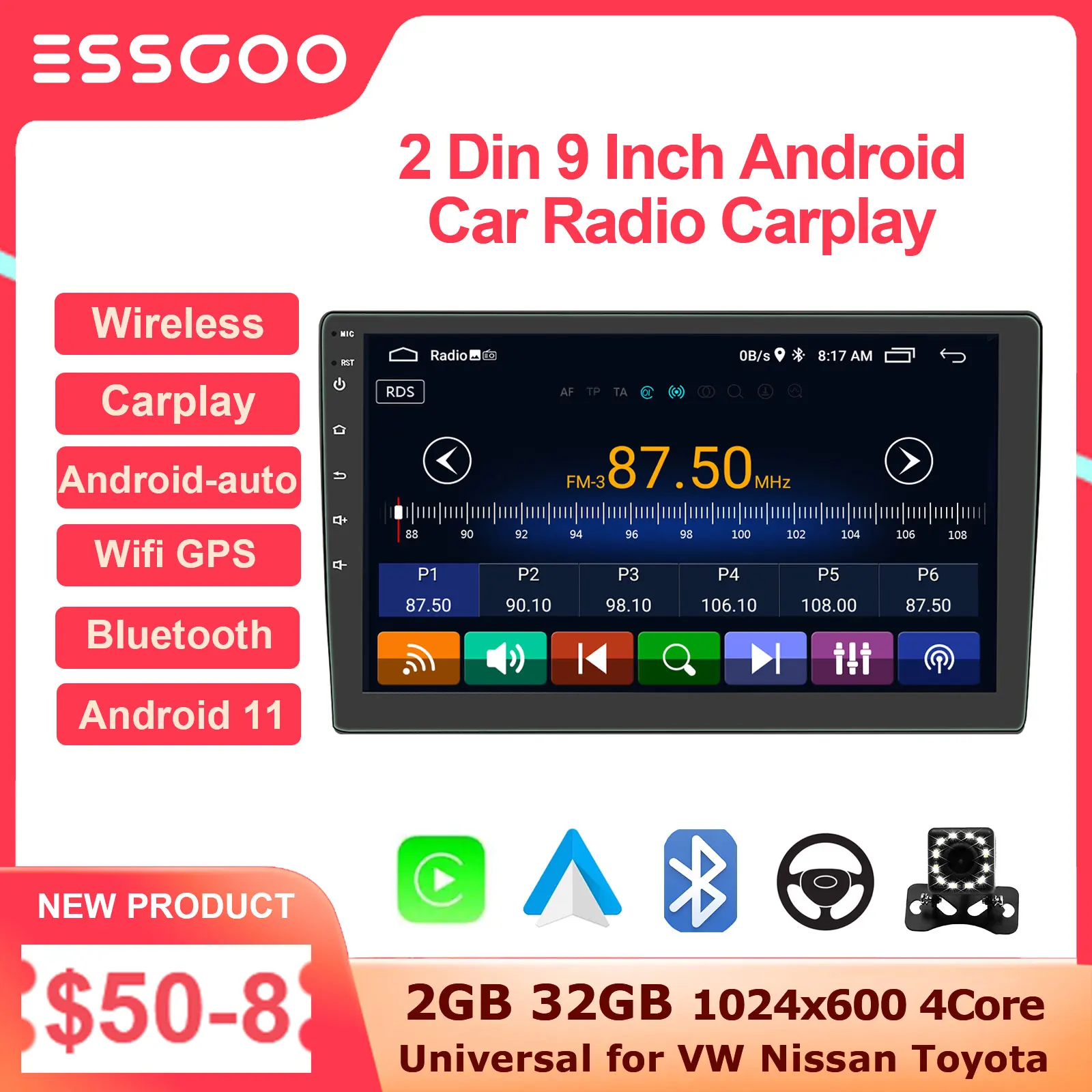 Автомагнитола ESSGOO, универсальная мультимедийная стерео-система на Android, с 9