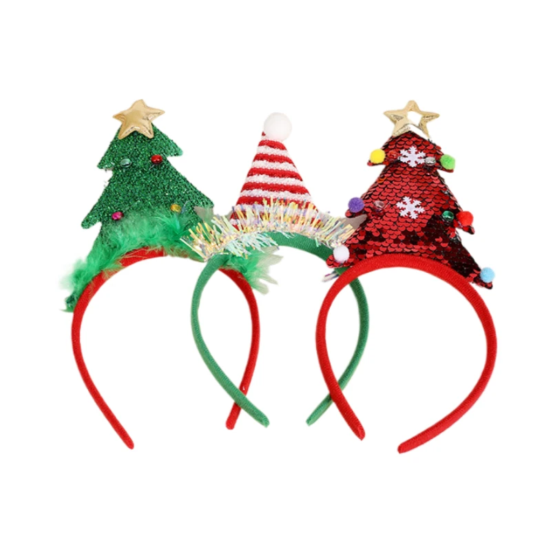 3PCSChristmas three-dimensional Christmas tree headband, party dress feather headband, Christmas gift random style