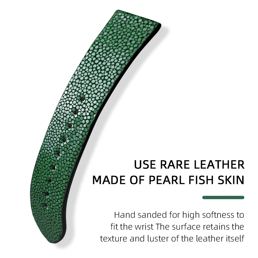 Luxurious Handmade Pearl Fish Leather Watchband - High-End Vintage Bracelet in Black, Blue, and Green Genuine Leather