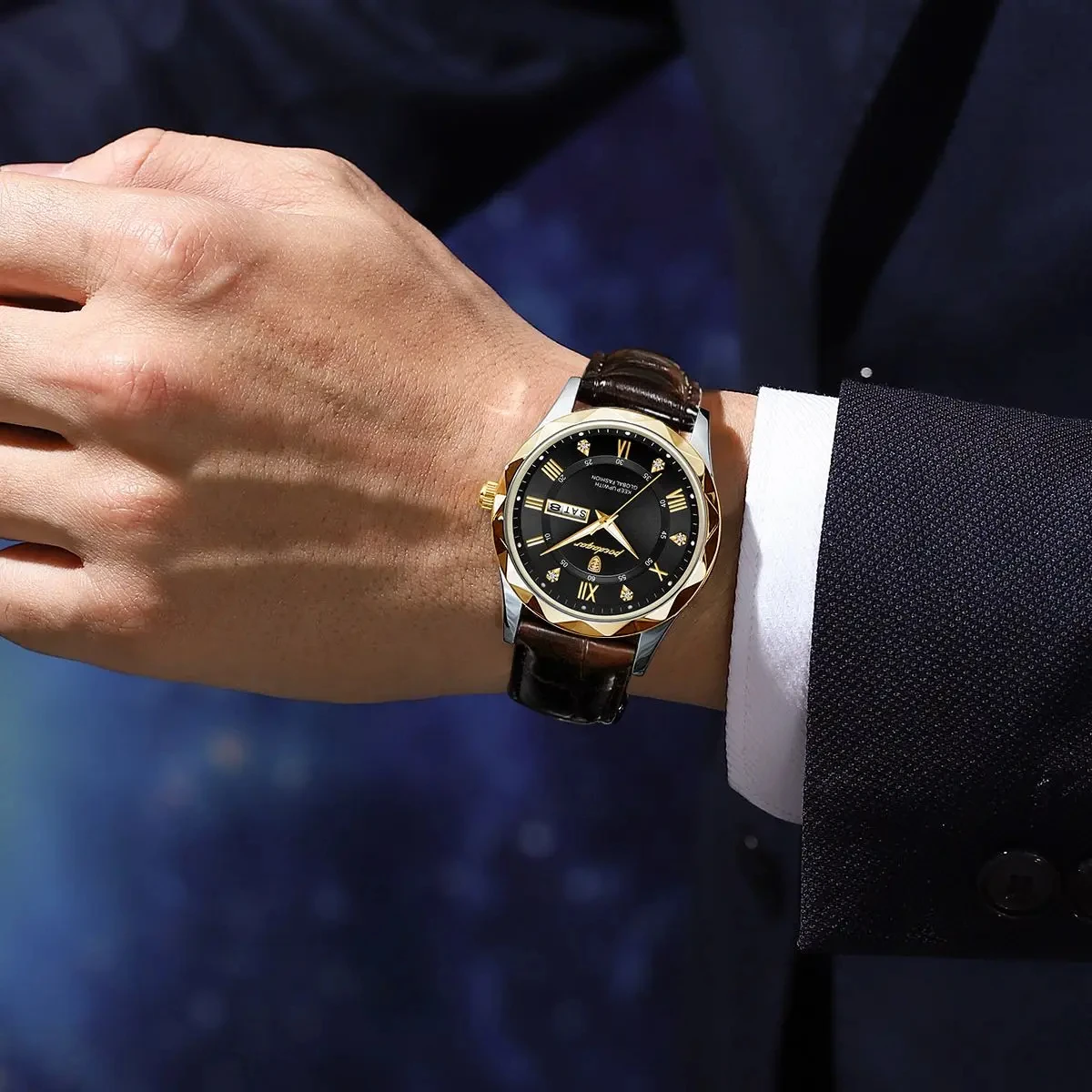POEDAGAR Man Wristwatch Luxury Business Waterproof Luminous Date Week Men Watch For Men Quartz Clock Leather Men's Watches reloj