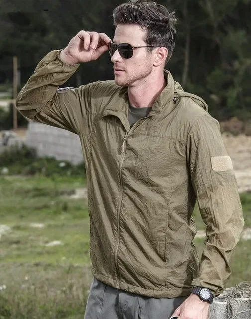 Men's Lightweight Waterproof Tactical Jacket, Summer Breathable Thin Hoody Raincoat, Hunting Portable Windbreaker Skin Jackets, Waterproof Hiking Jackets, Waterproof Jacket, Waterproof Raincoat, Waterproof Coats