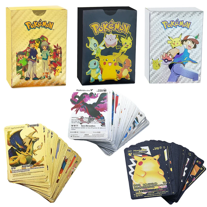 Original English 55pcs Pokemon Game Card Foil Gold Silver Black Collect V Gx Vmax Charizard Pikachu Playing Battle Kids Toy Set |