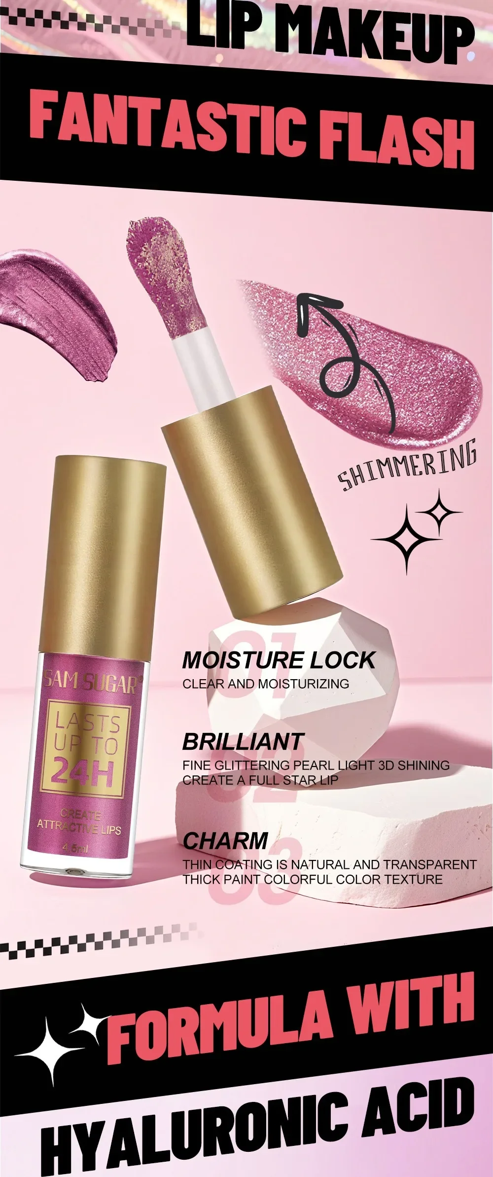 Description Picture 3 of item1PC Green Glitter Lip Glaze Waterproof Long Lasting Lip Gloss Bold & Intense Metallic Liquid Lipstick Pearlescent Tint Makeup