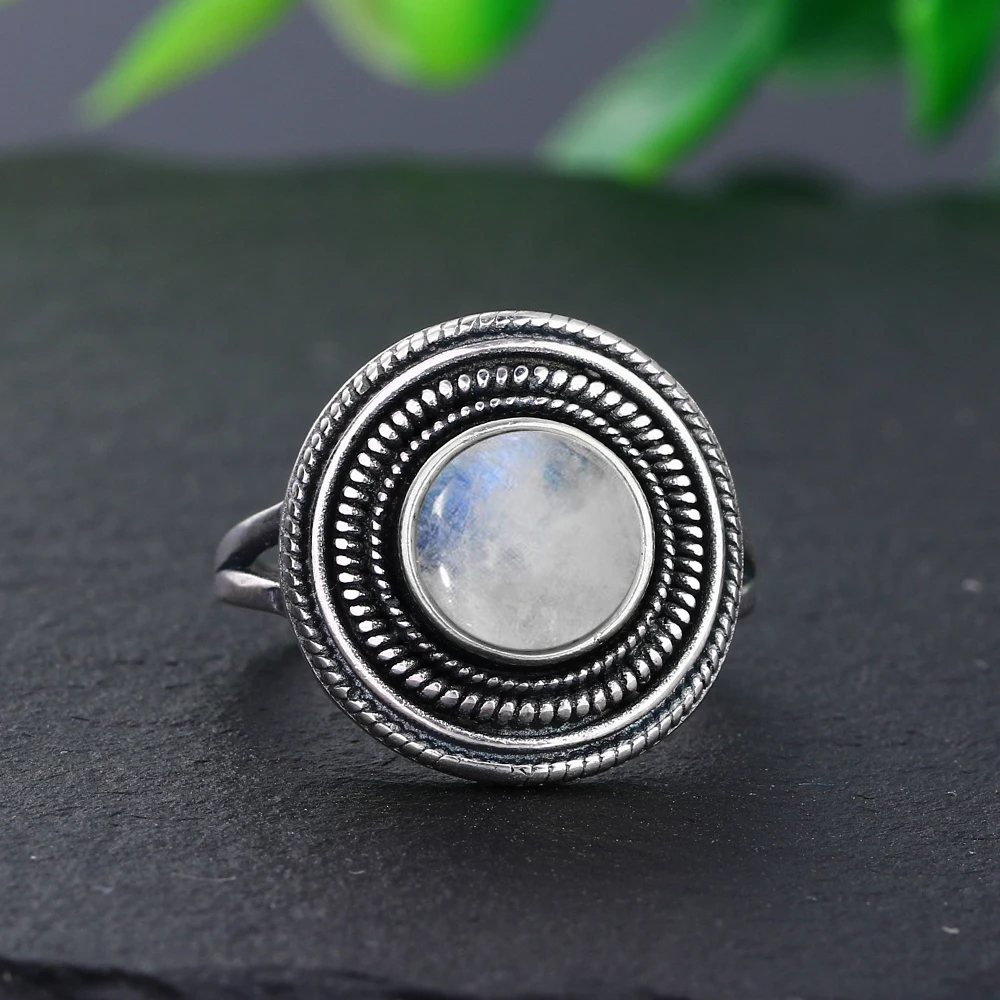 Women's 8MM Round Natural Moonstones S925 Sterling Silver Ring Vintage Style silver rings silver ring